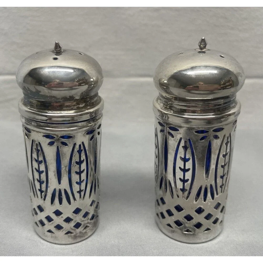 Vintage Royal Sapphire Silver Plate Cobalt Blue Glass Salt Pepper Shakers 4